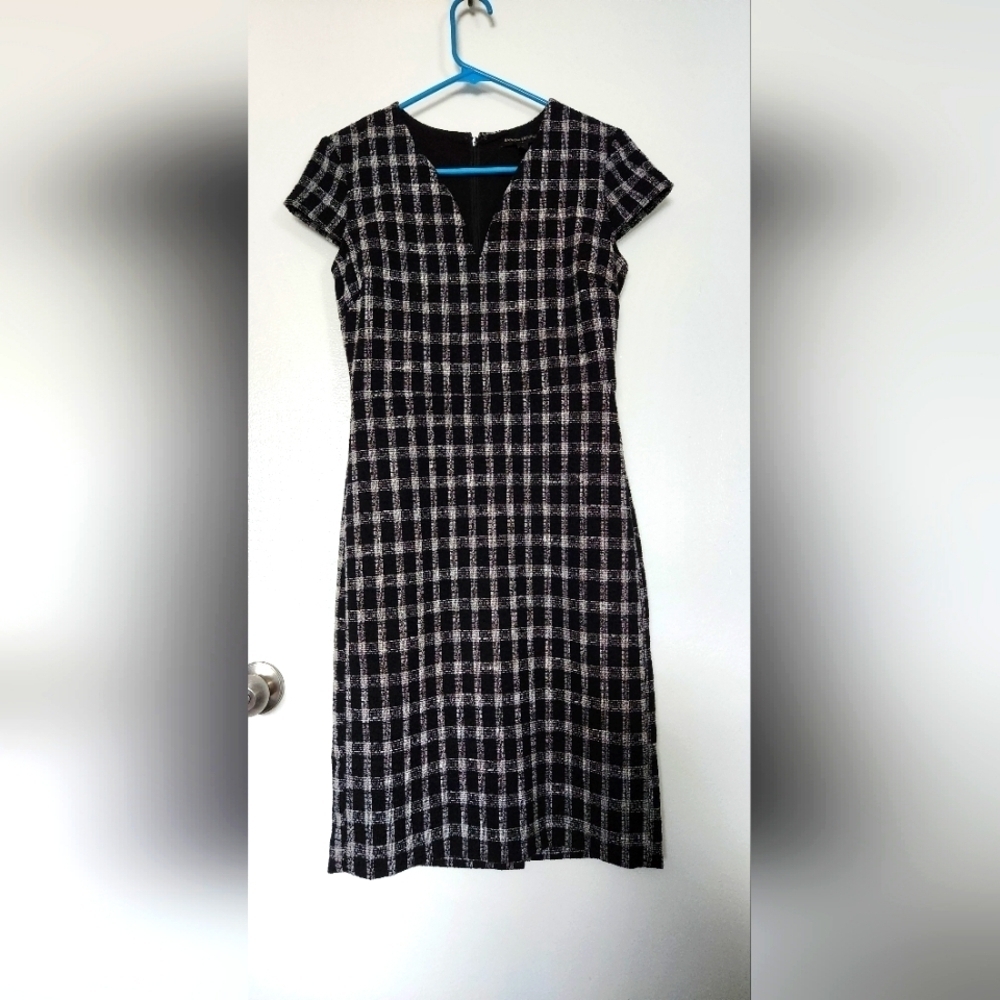 PLAID SPLIT-NECK BOUCLE SHEATH DRESS
